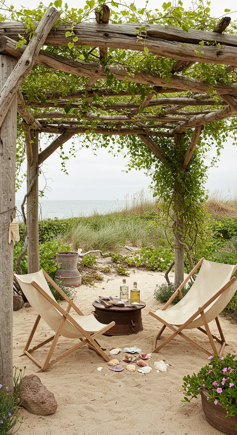 Pérgola rústica de troncos en la arena de la playa con dos sillas de lona.