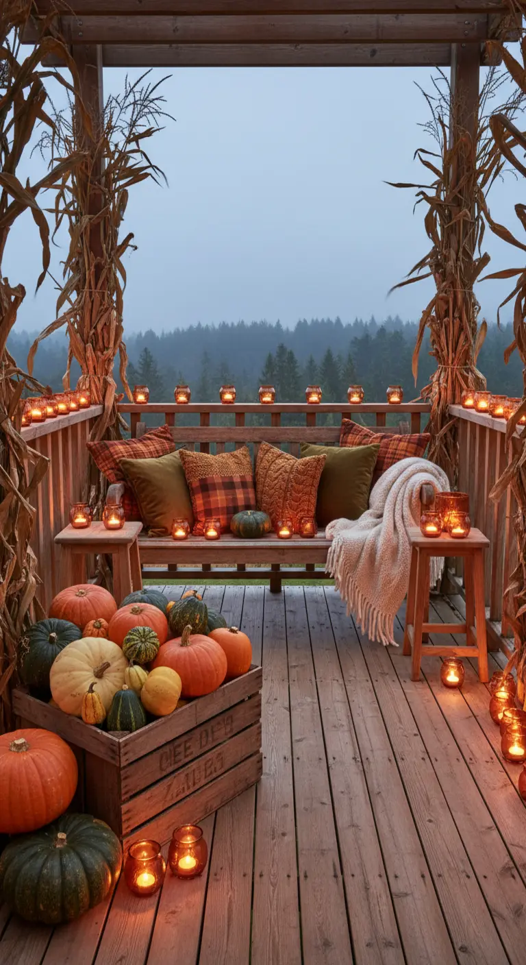 Porche rústico con banco de madera, cojines, calabazas y muchas velas en frascos.