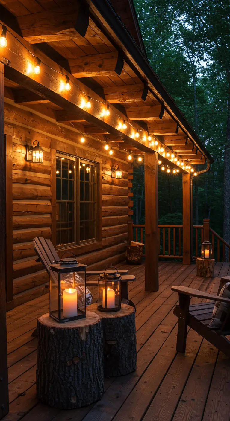 Porche de una cabaña de madera con guirnaldas de luces y faroles sobre troncos de árbol.