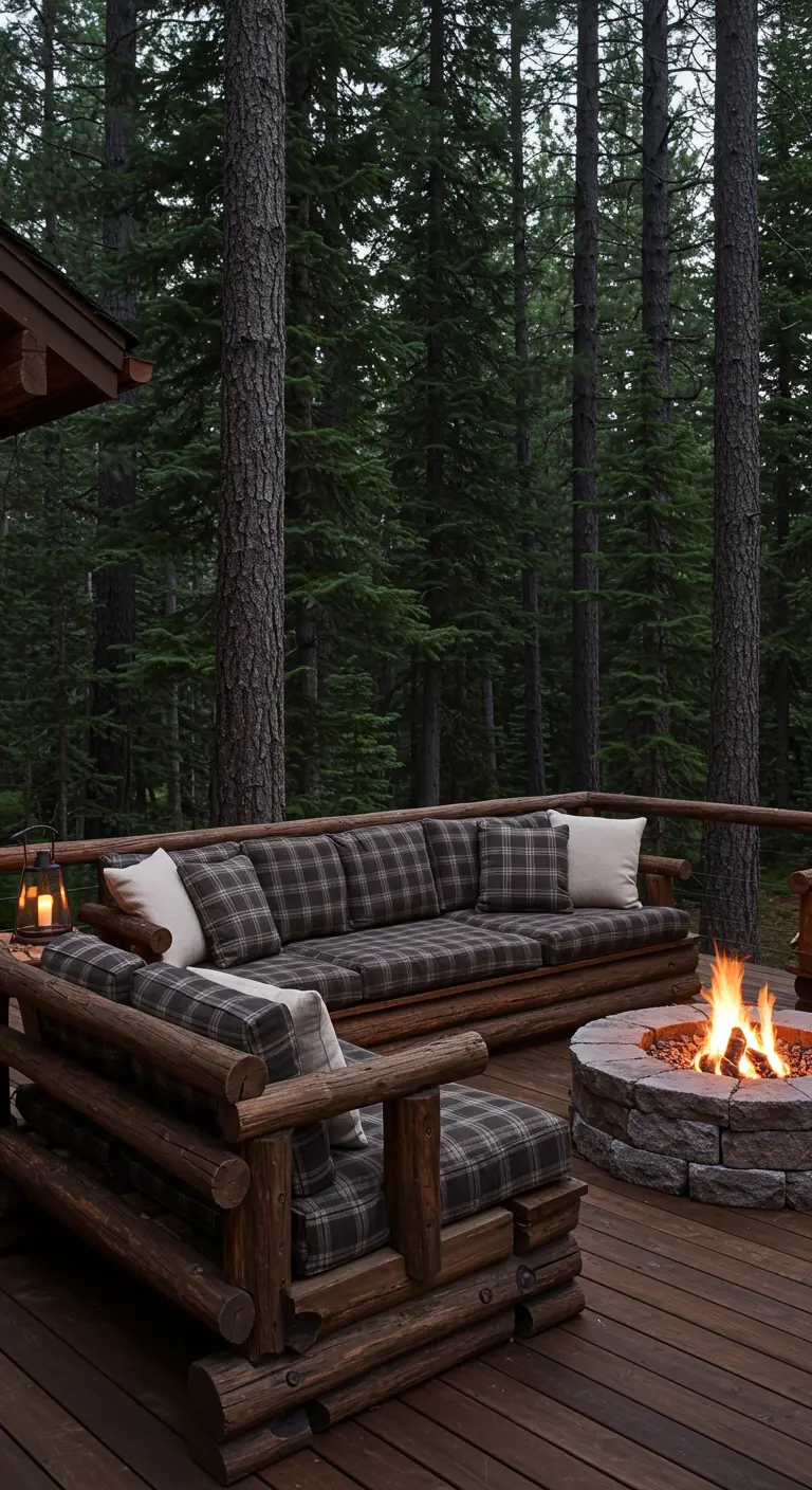 Porche de madera en un bosque con sofás hechos de troncos, cojines de cuadros y una hoguera de piedra