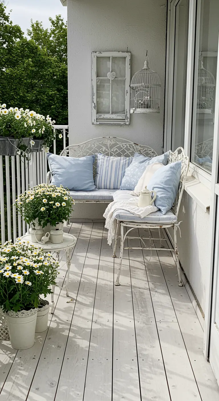 Balcón de estilo shabby chic con un banco de forja blanco, cojines azules y macetas de margaritas