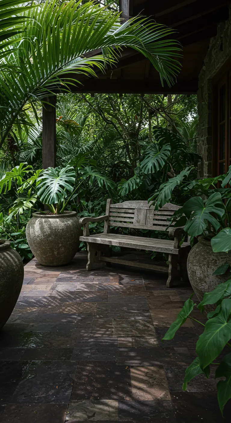 Porche sombreado rodeado de grandes plantas tropicales en macetas y un banco de madera envejecida.