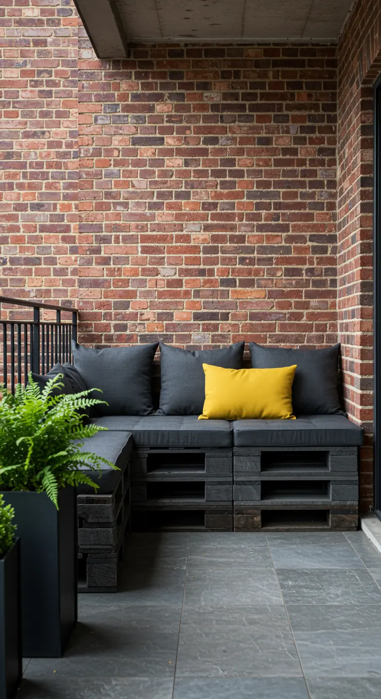 Sofá de palets gris oscuro con cojines grises y uno amarillo en un balcón con pared de ladrillo.