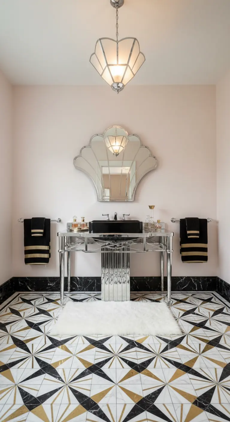 Baño de estilo Art Decó con suelo geométrico, espejo en forma de concha y lavabo cromado