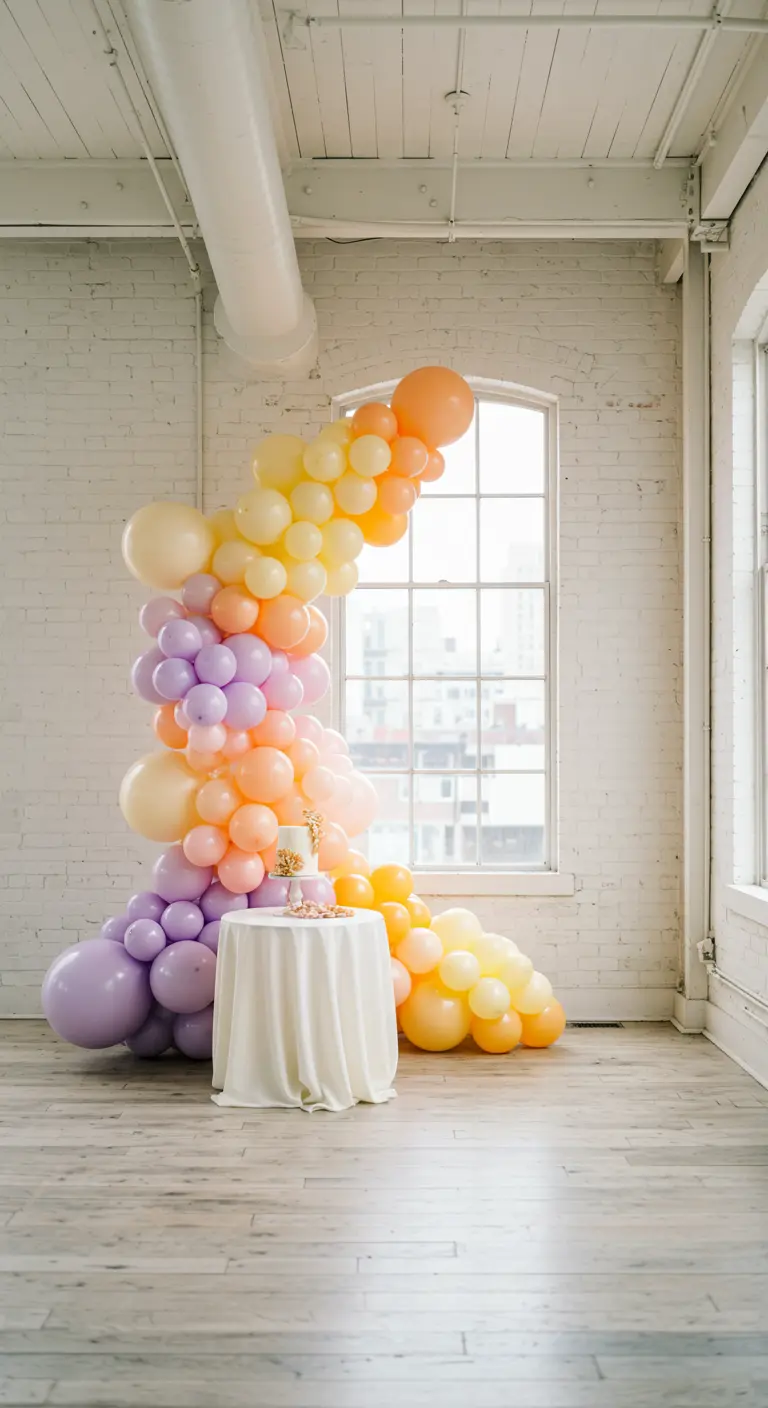 Guirnalda de globos en espiral con tonos pastel lavanda y melocotón en un loft industrial.
