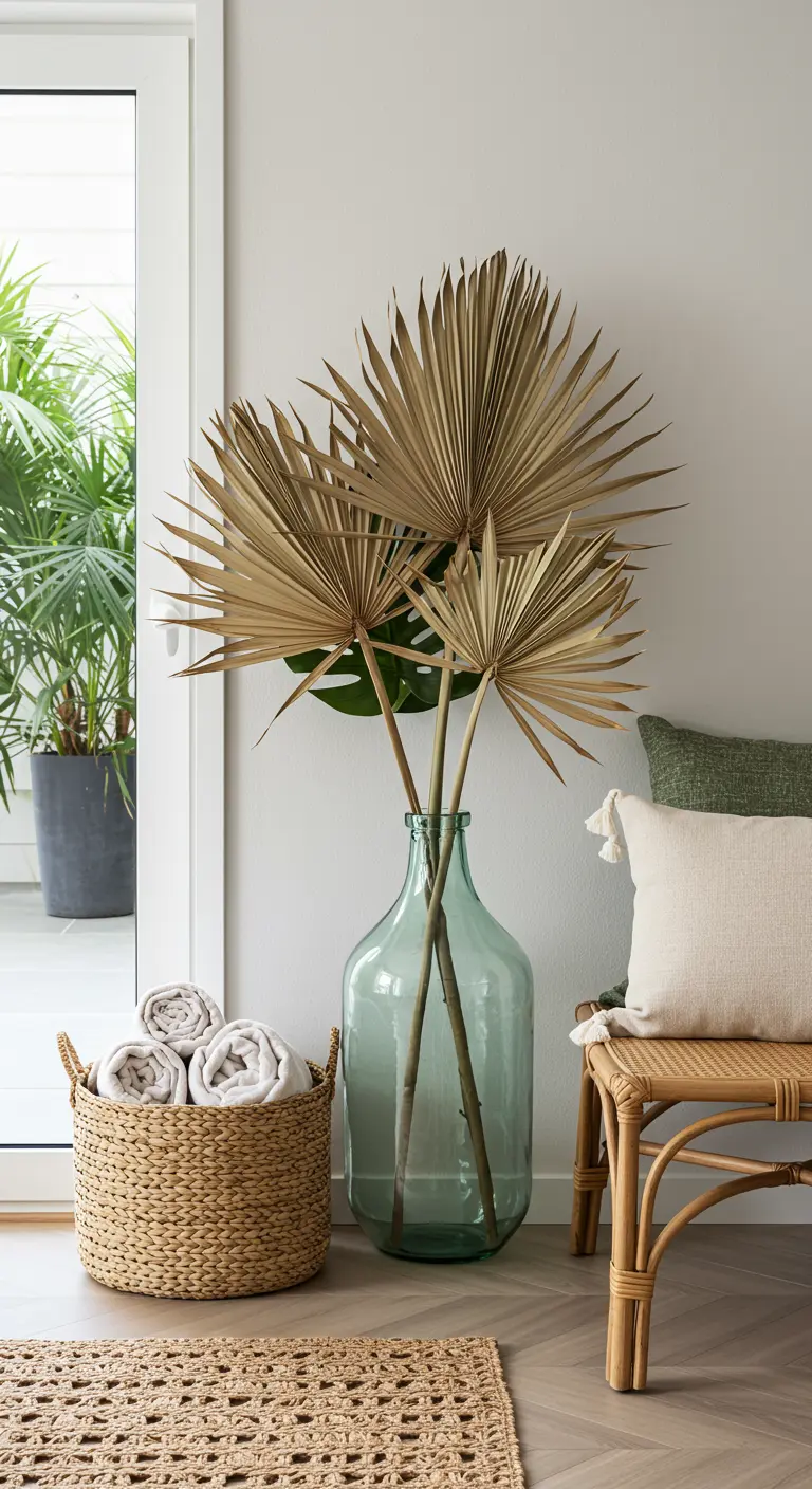 Rincón de entrada con silla de ratán, damajuana de vidrio con hojas de palmera y cesta con toallas.