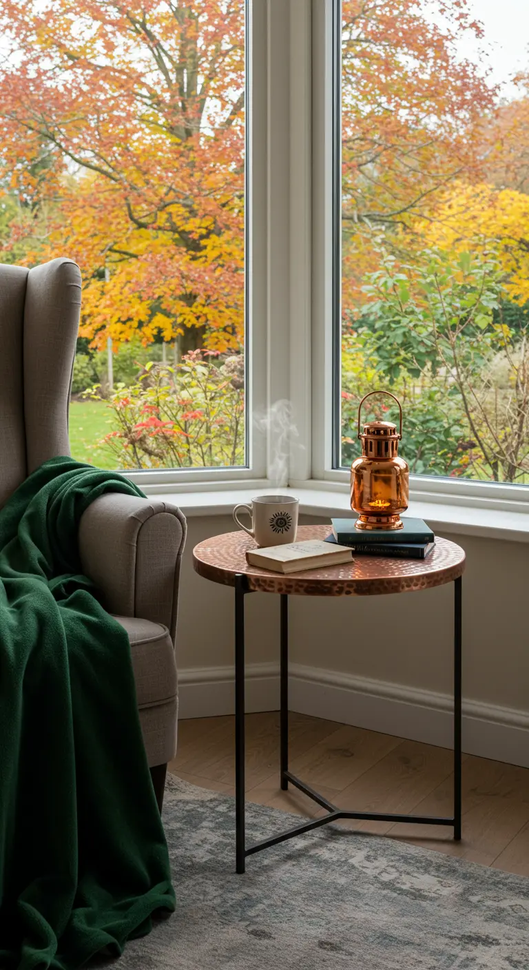 Rincón de lectura junto a una ventana con un sillón, manta verde y una mesita de cobre.