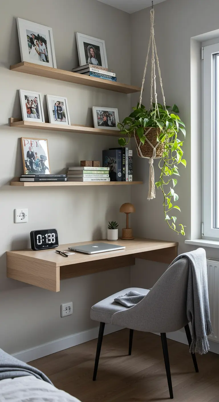 Escritorio flotante de madera en un dormitorio con estanterías a juego y una planta colgante.