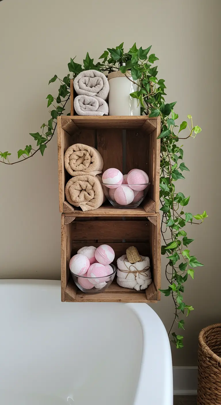 Dos cajas de madera apiladas junto a una bañera, con toallas, bombas de baño y una planta.