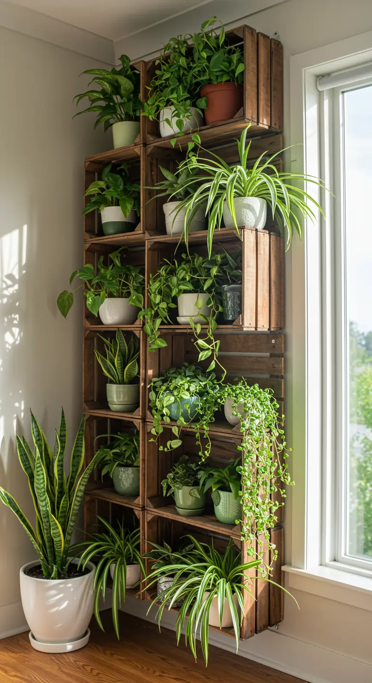 Estantería esquinera alta hecha con cajas de madera teñidas, llena de plantas de interior.