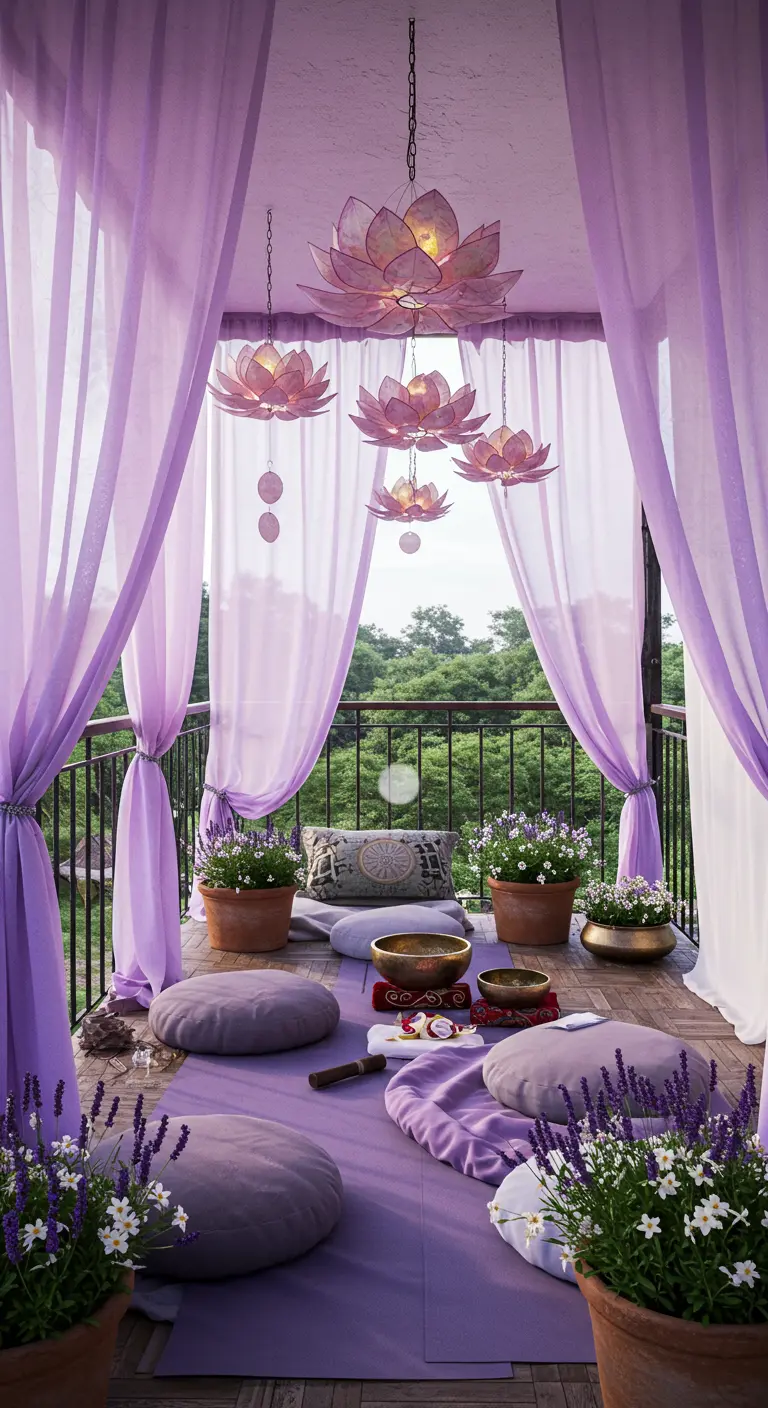 Balcón de meditación con cortinas y cojines en tonos lavanda y lámparas en forma de flor de loto.