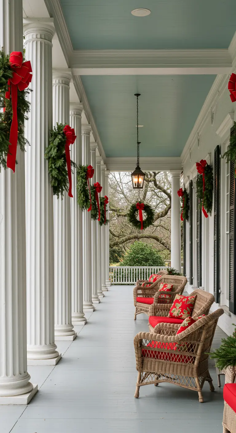 Largo porche con columnas blancas, cada una decorada con una corona de pino y lazo rojo.