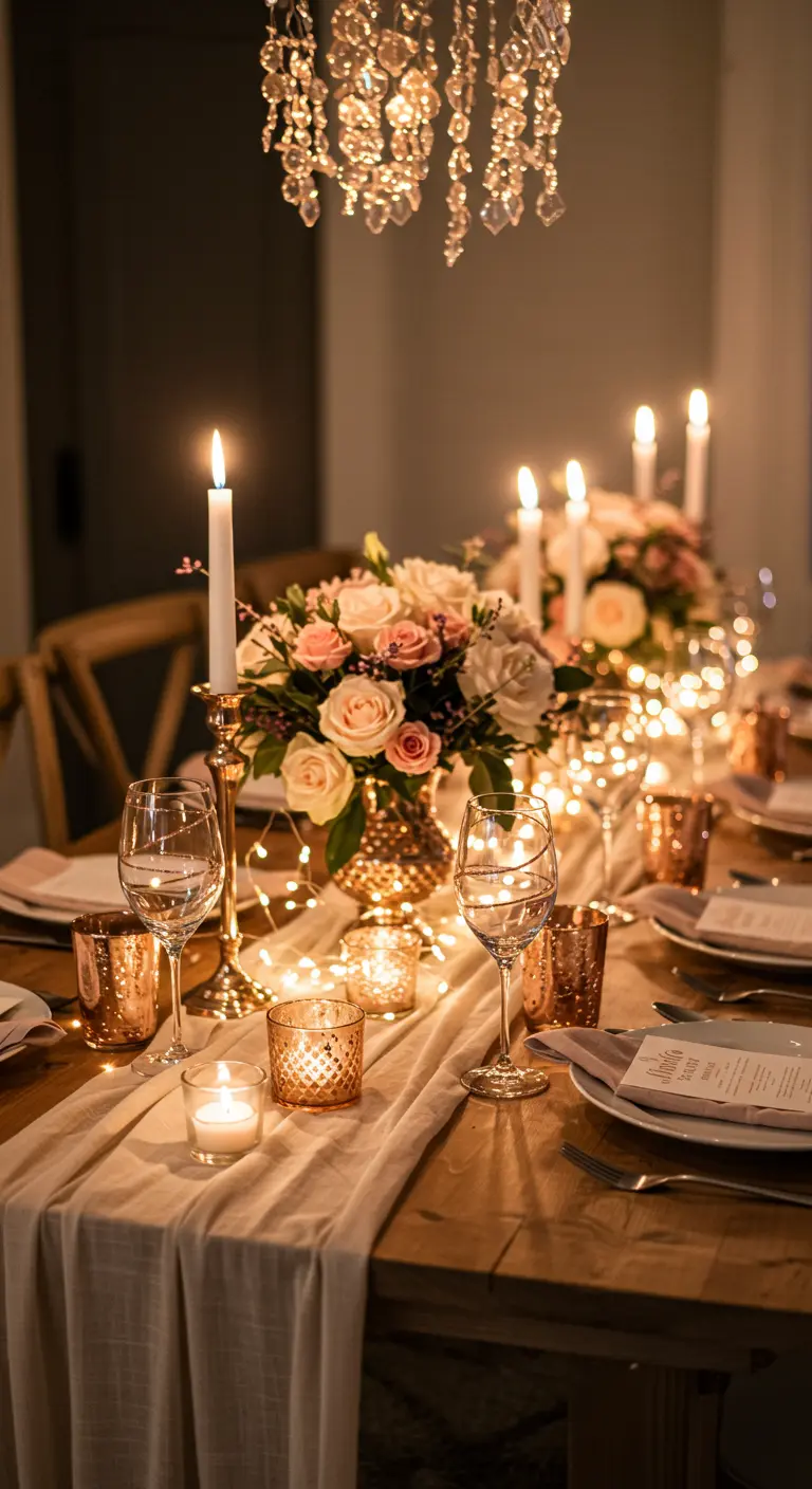 Mesa de comedor decorada con flores, velas y copas de vino con detalles brillantes.