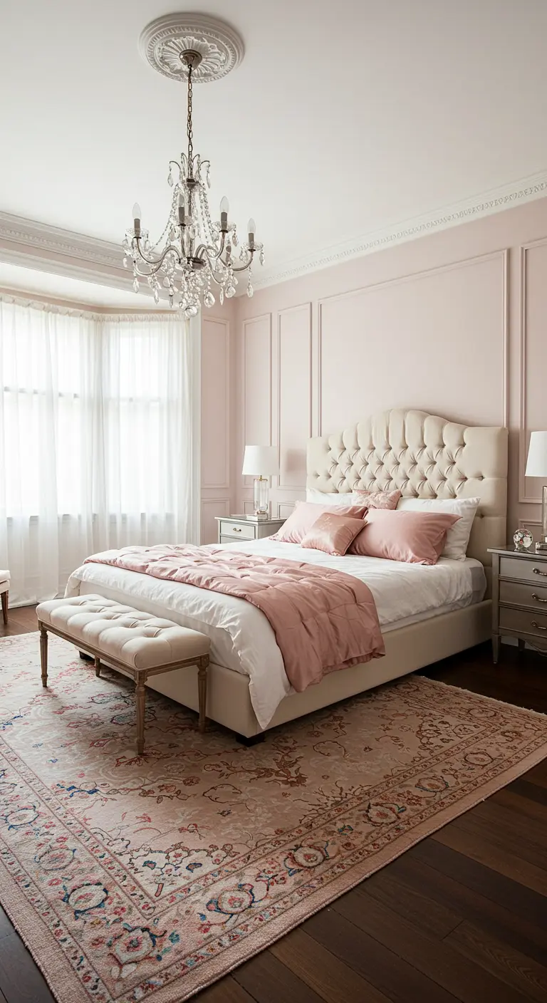 Dormitorio clásico con paredes rosa pastel, molduras blancas y una lámpara de araña de cristal.
