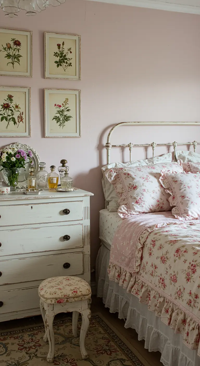 Dormitorio estilo cottage con cómoda blanca decapada, cama de hierro y láminas botánicas en la pared.
