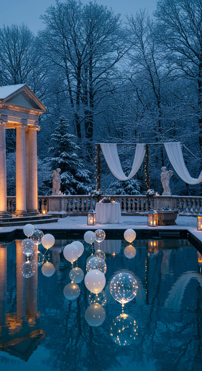 Globos con luces LED flotan en una piscina en un entorno nevado de estilo clásico.
