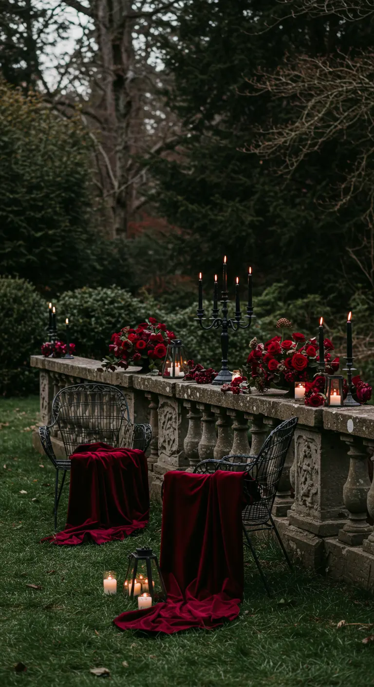 Escena romántica y gótica en un jardín con candelabros negros, rosas rojas y terciopelo.