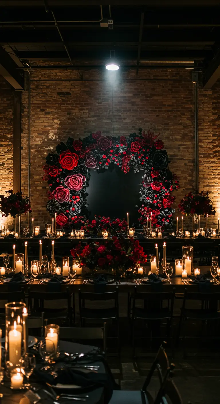Mesa de cena con velas y un fondo oscuro con una gran corona de rosas rojas y negras.