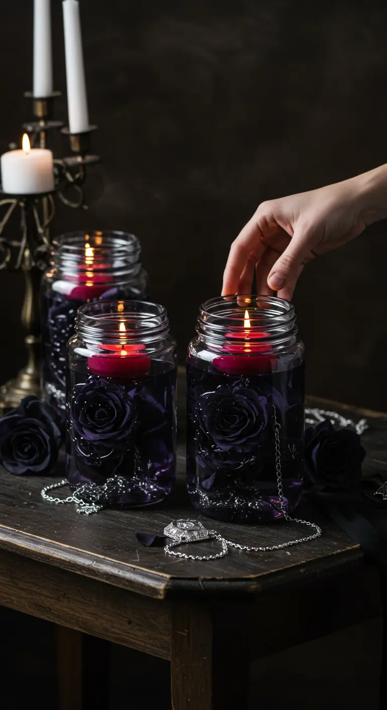 Mano colocando una vela roja en un frasco con agua oscura y rosas negras artificiales.