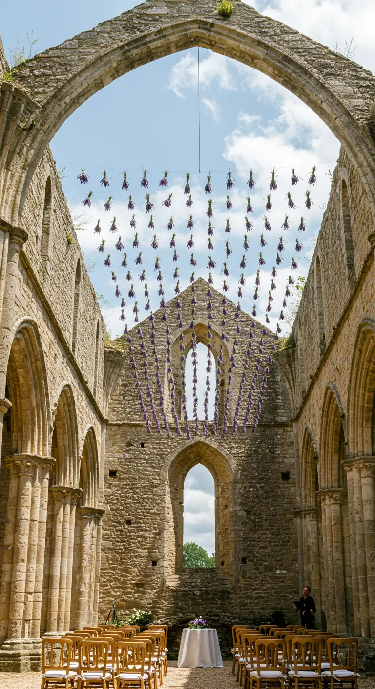 Ceremonia de boda en las ruinas de una abadía con una instalación de lavanda colgante.
