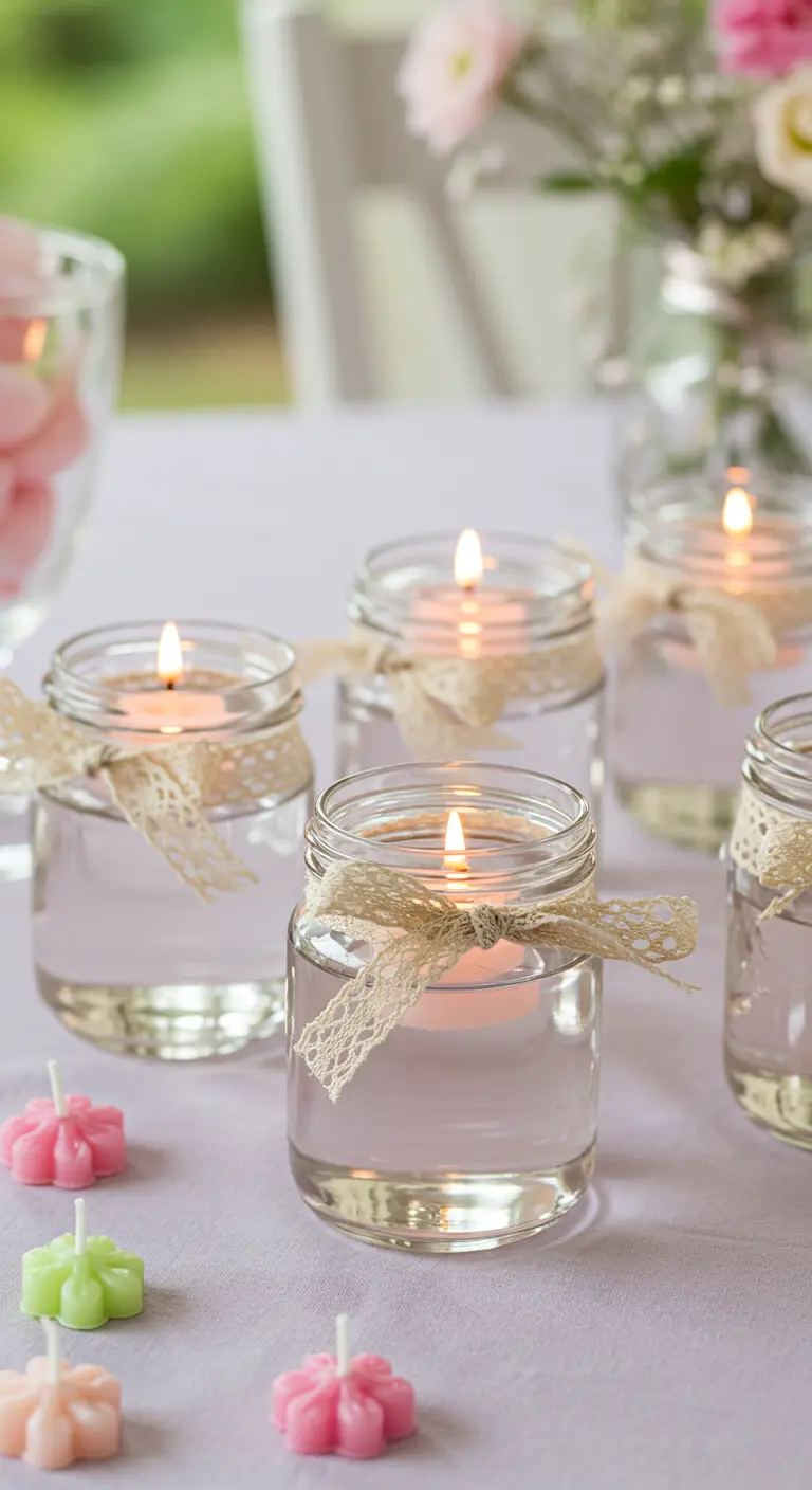 Pequeños frascos de vidrio con agua y velas flotantes, decorados con lazos de encaje.