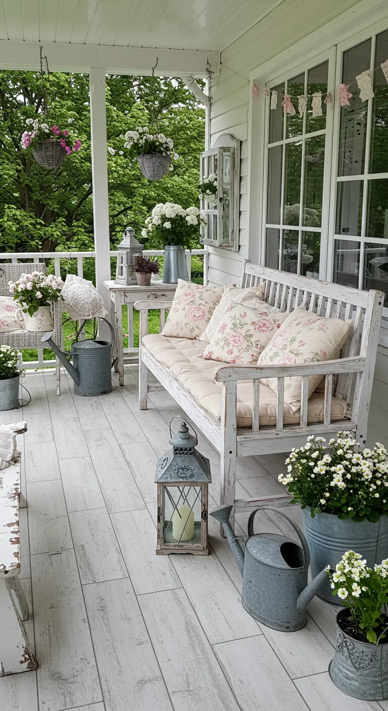 Porche blanco de estilo shabby chic con un banco de madera pintado, cojines florales y decoración vintage.