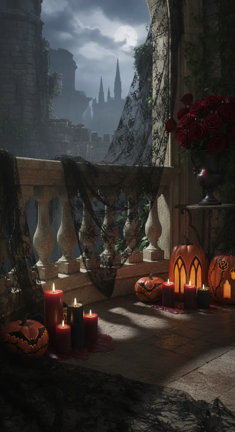 Balcón gótico con encaje negro, velas rojas y calabazas talladas con murciélagos.
