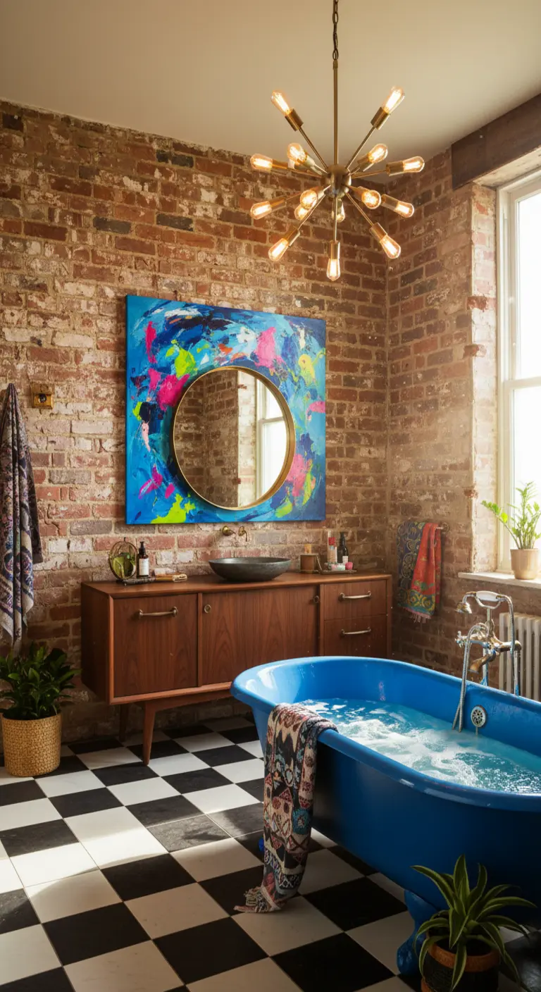 Baño ecléctico con pared de ladrillo, bañera azul, mueble Mid-Century y arte abstracto