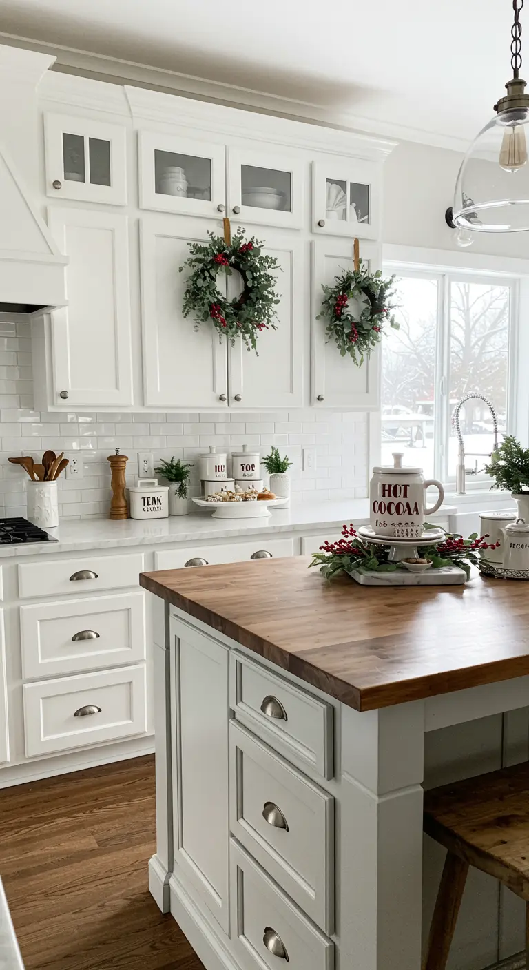 Cocina blanca y luminosa con dos coronas de eucalipto en los gabinetes.