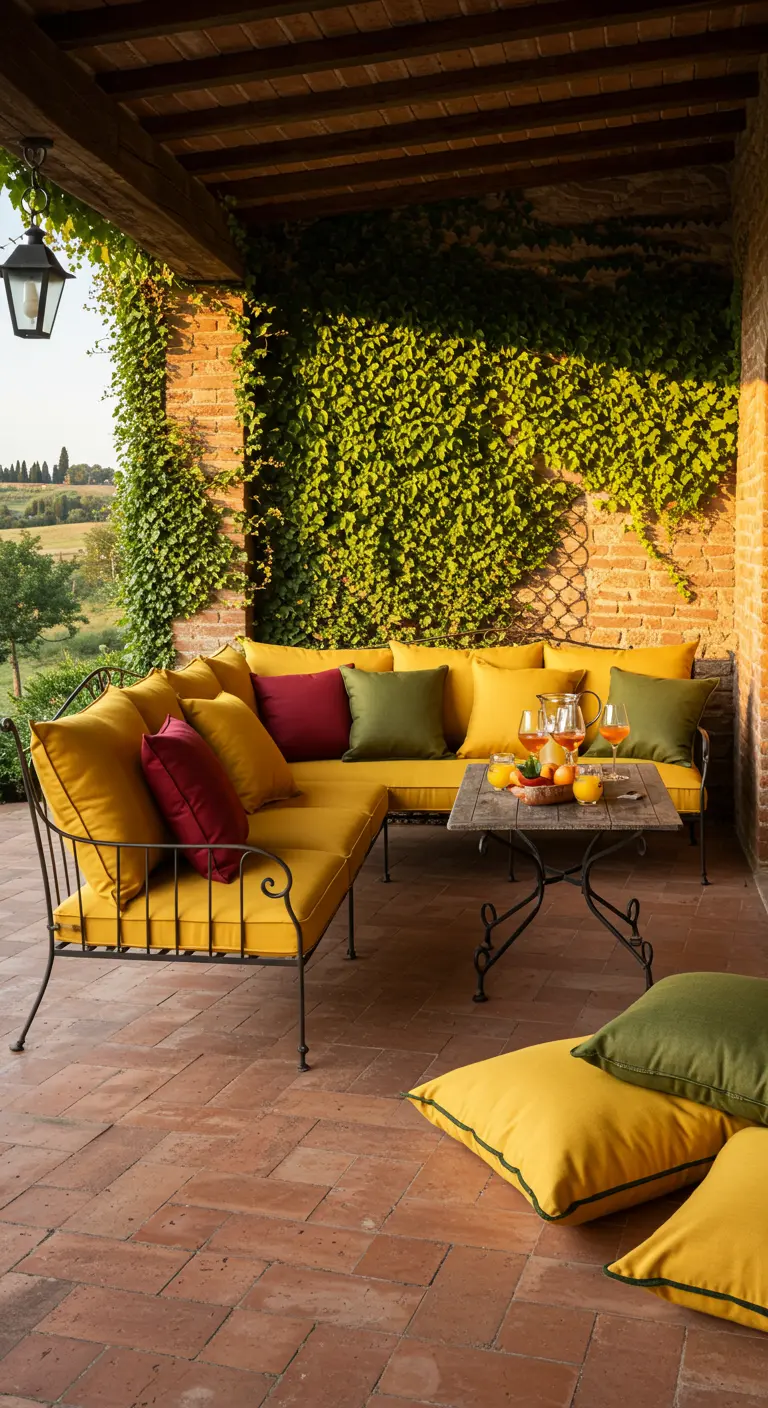Patio de estilo toscano con un sofá de hierro forjado, cojines amarillos y verdes, y una pared de ladrillo