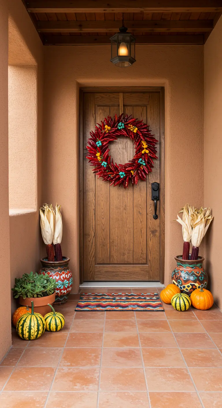 Porche de estilo suroeste con corona de chiles rojos, macetas de terracota pintadas y calabazas.