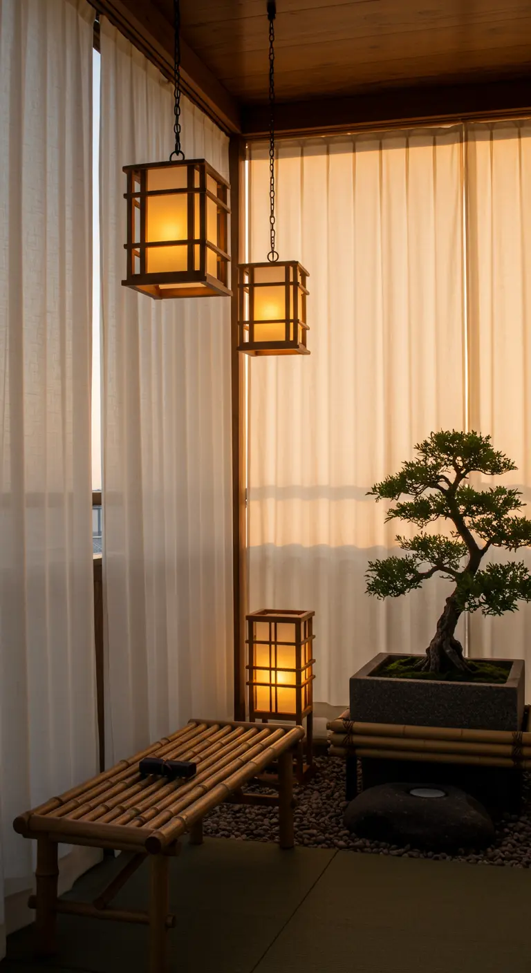 Rincón zen con cortinas de lino, faroles de papel de arroz, un bonsái y muebles de bambú.