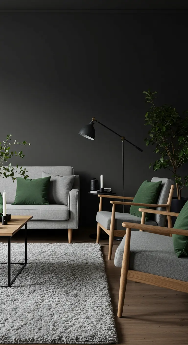 Sala de estilo escandinavo con paredes oscuras, sofás grises y detalles en verde.