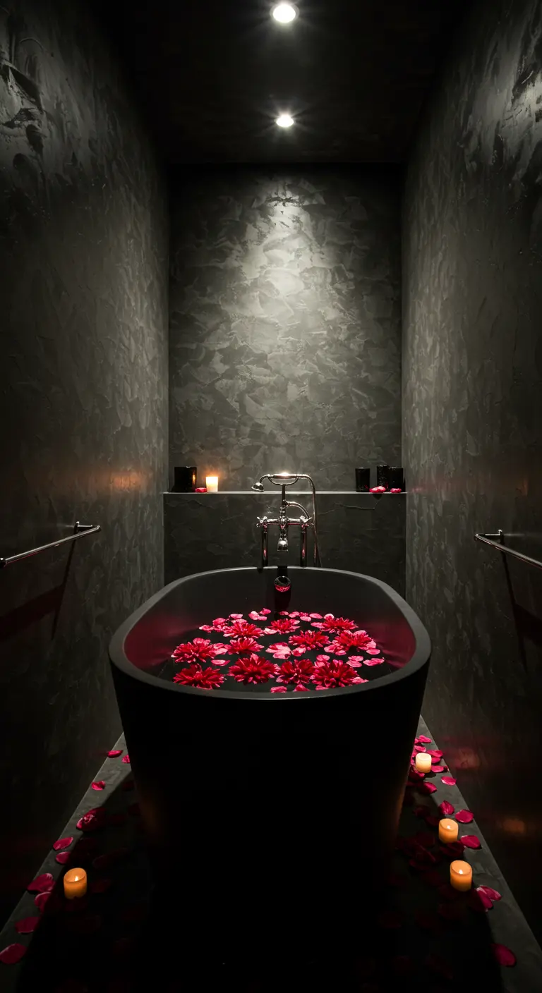 Bañera negra en un baño oscuro, llena de agua y pétalos de flores rojas vibrantes.