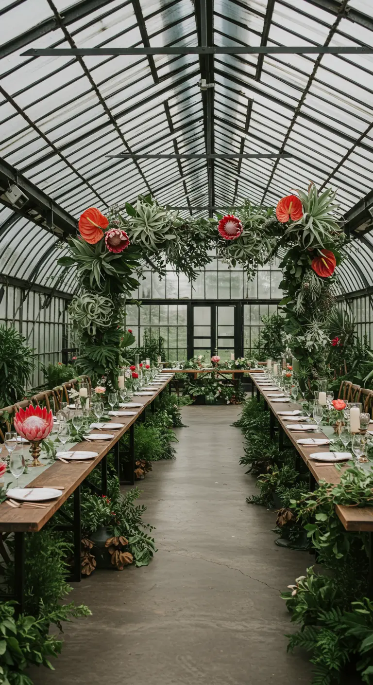 Mesas largas en un invernadero con un arco central hecho de follaje exuberante y flores exóticas rojas.
