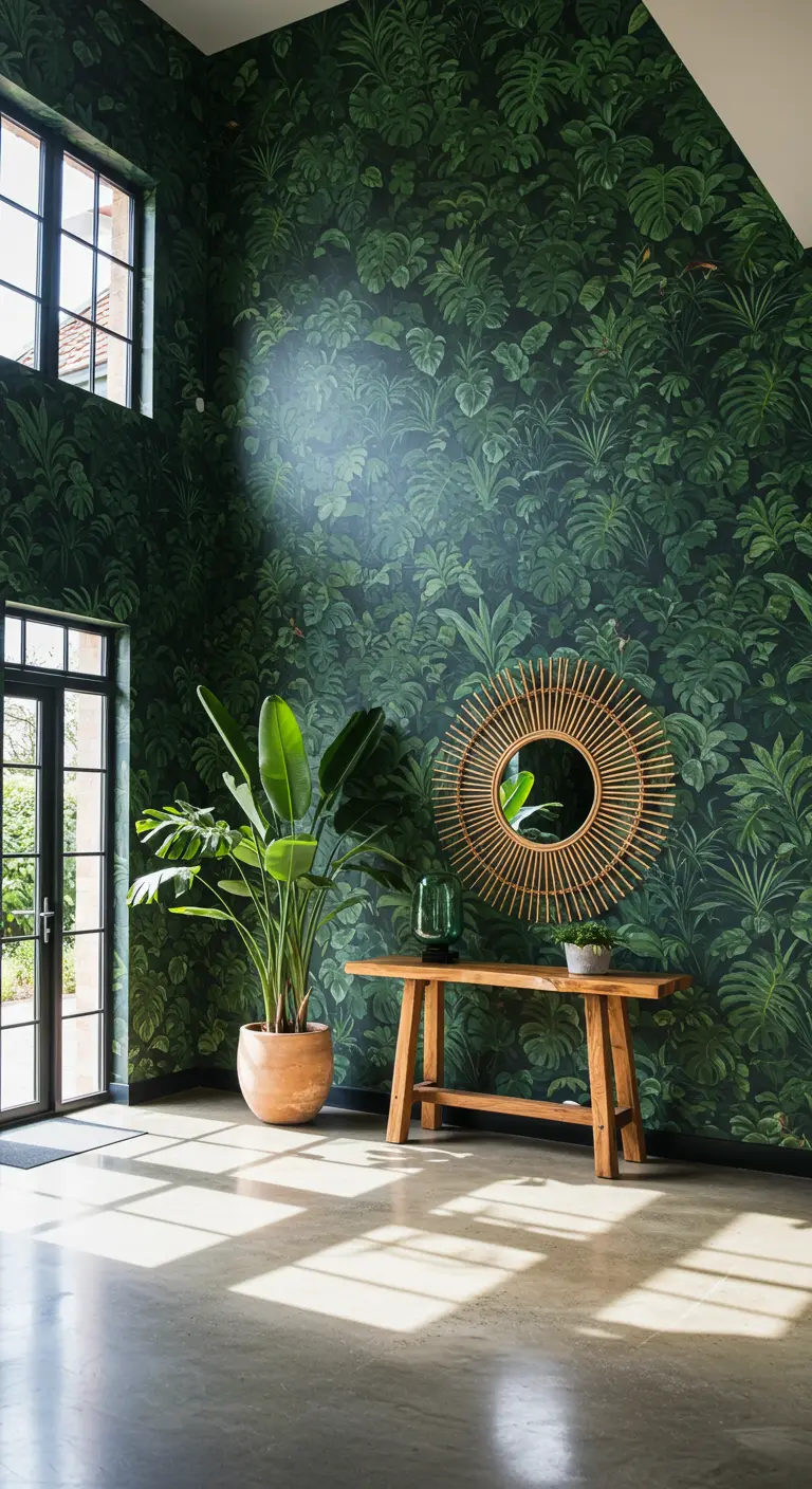 Recibidor espacioso con papel tapiz de jungla verde, banco de madera y espejo de ratán tipo sol.