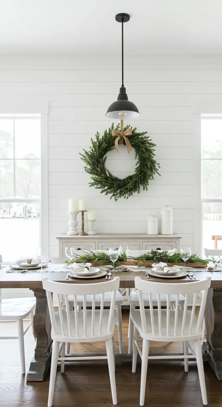 Comedor blanco de estilo nórdico con una corona de pino colgada en la pared.