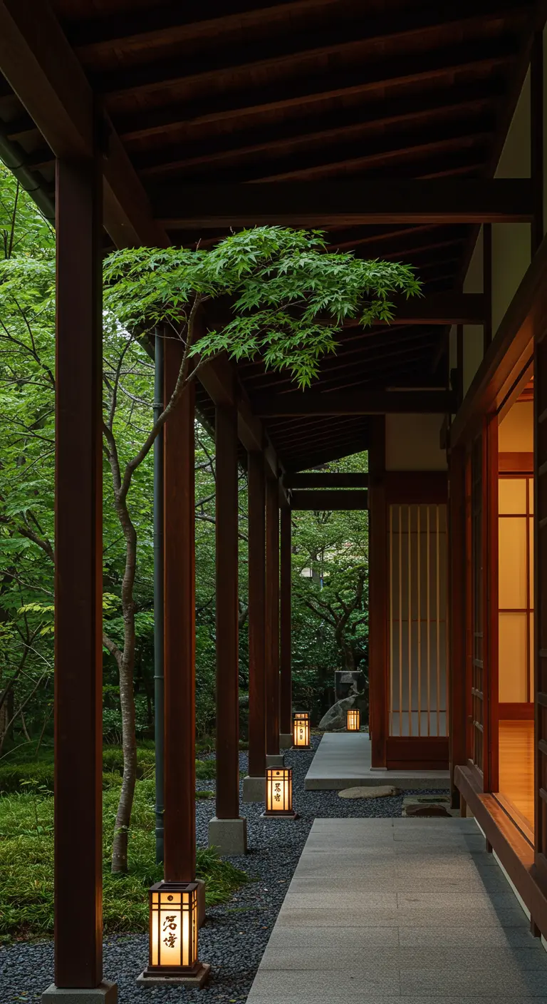 Pasillo exterior moderno flanqueado por linternas de suelo de estilo japonés que iluminan el camino.