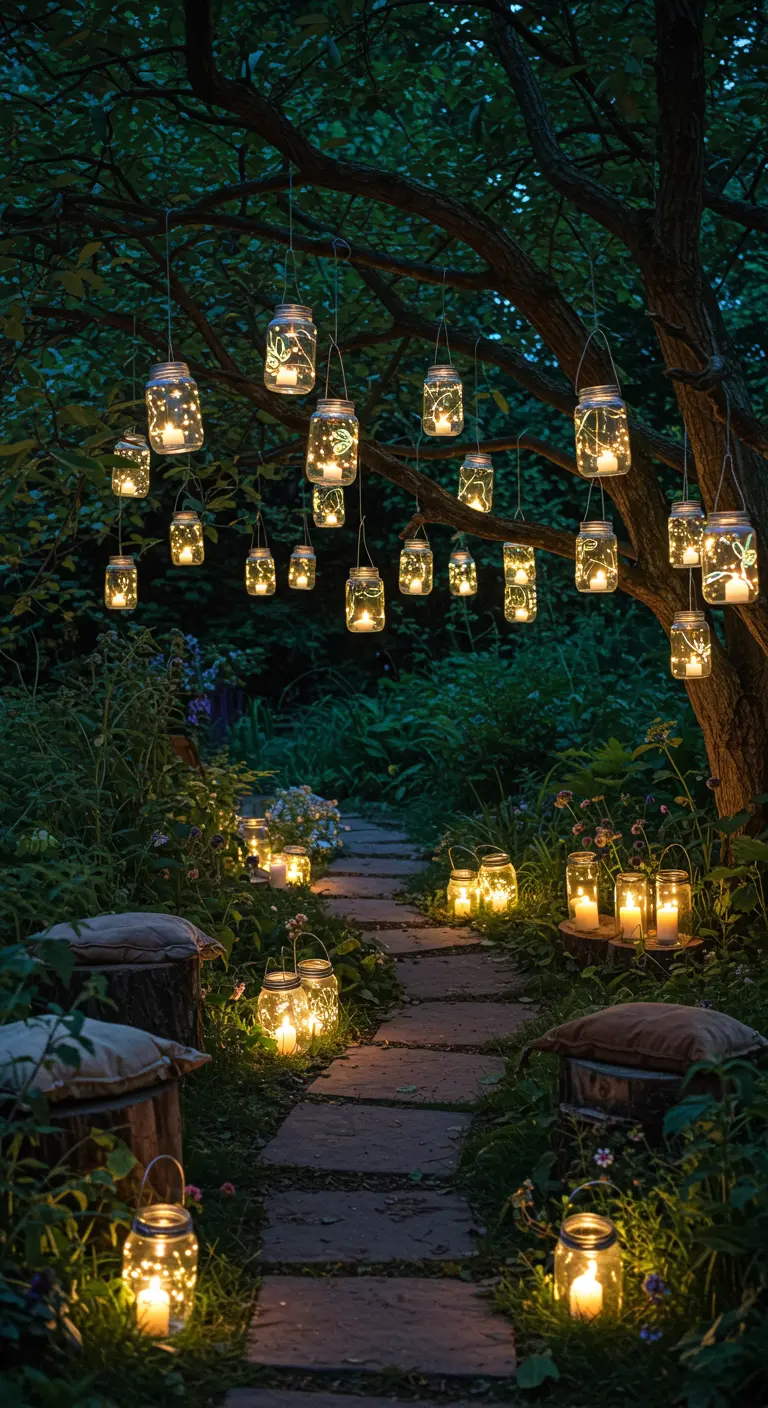 Camino de jardín iluminado por frascos con luces de hadas colgados de un árbol.