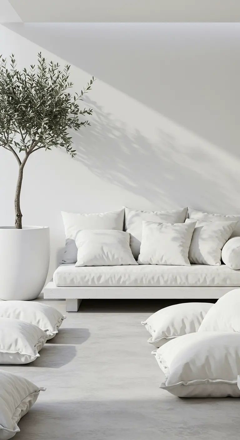 Espacio exterior totalmente blanco con un sofá bajo, cojines en el suelo y un olivo en una maceta