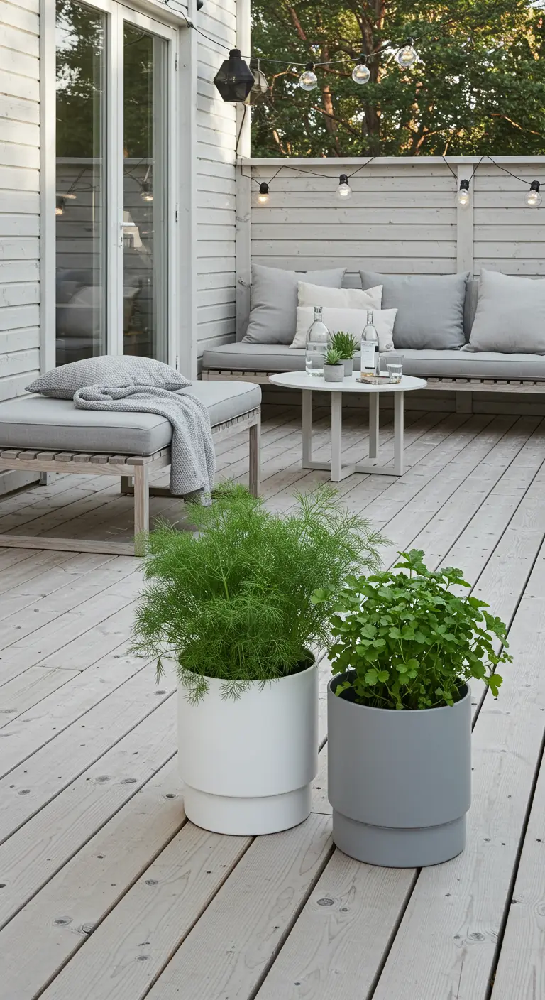 Terraza de madera de estilo escandinavo con macetas modernas en gris y blanco con eneldo y perejil.