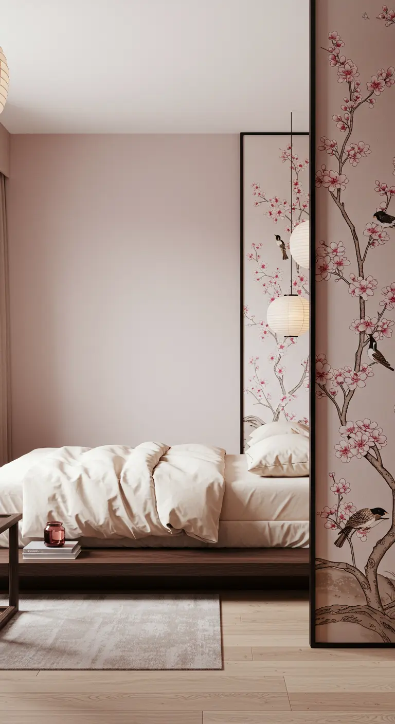 Dormitorio de estilo japonés minimalista con un panel decorativo de flores de cerezo.