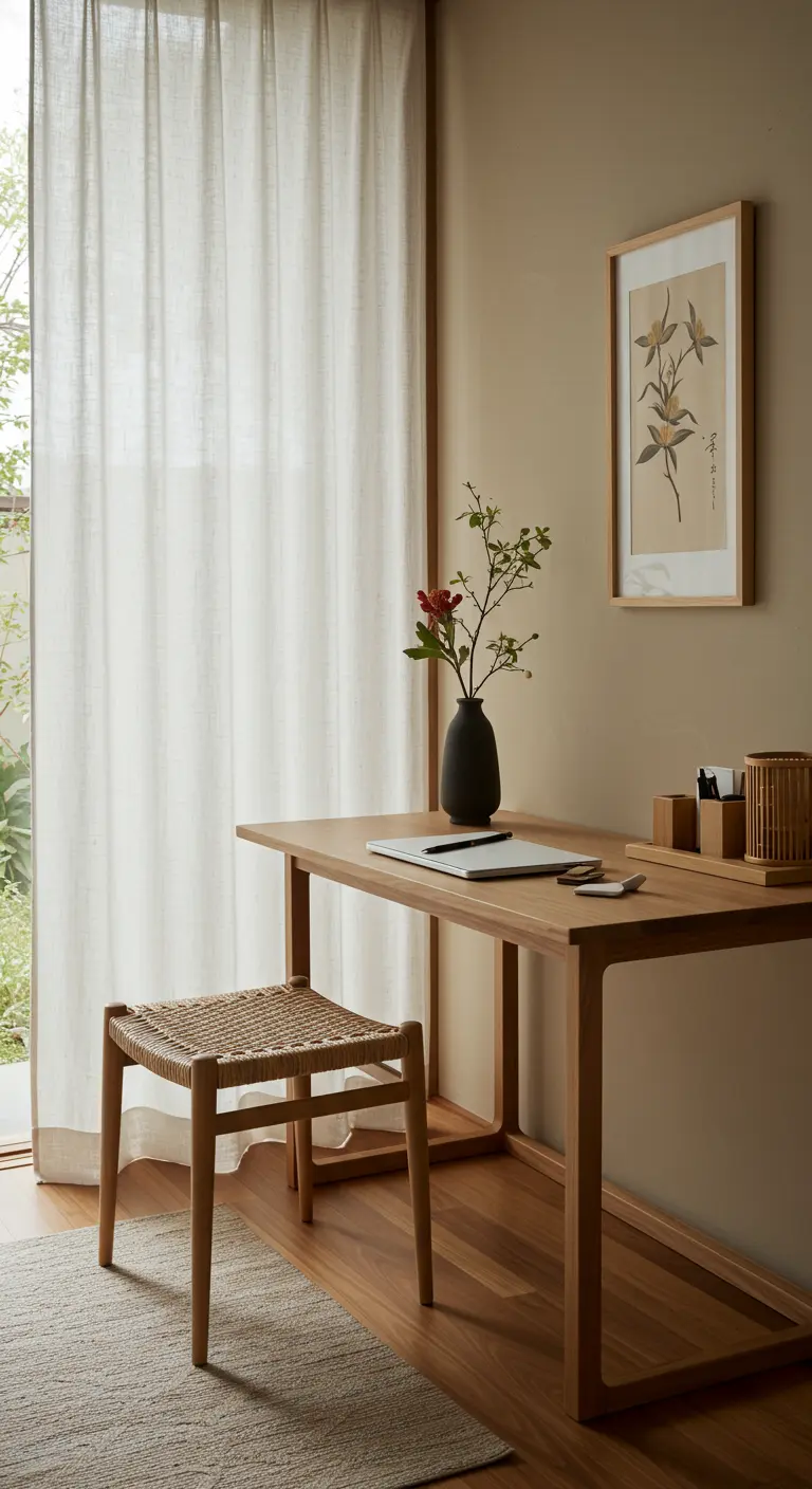 Espacio de trabajo de estilo Japandi, minimalista, con muebles de madera clara y un jarrón.