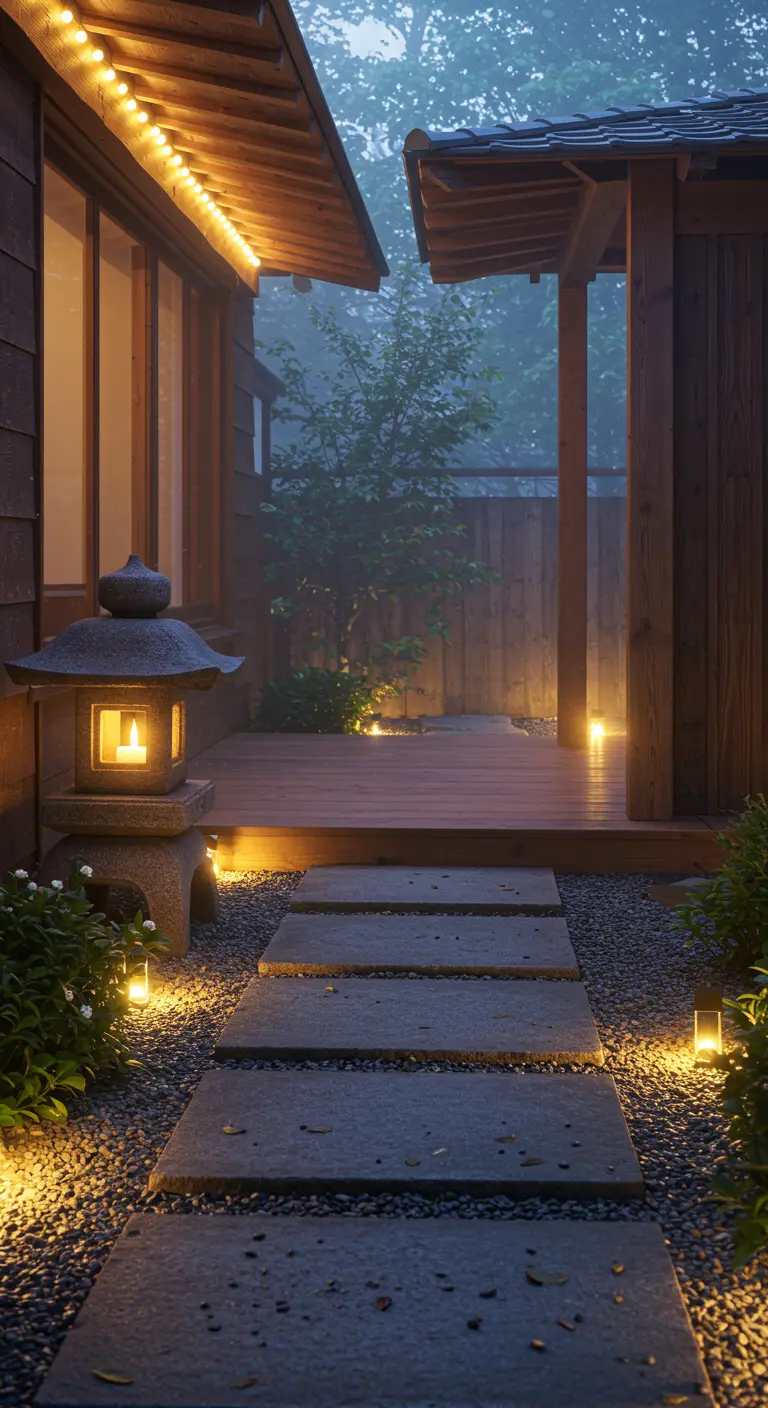 Jardín de estilo japonés con un camino de losas, grava y una linterna de piedra iluminada.