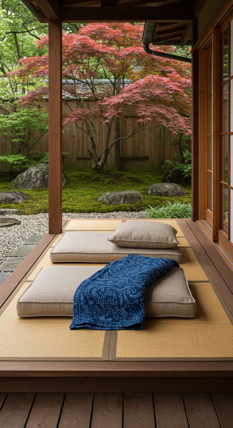 Porche de madera de estilo japonés con cojines de suelo y vistas a un jardín zen con un arce rojo.