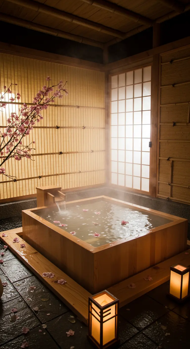 Bañera cuadrada de madera estilo japonés (ofuro) con vapor y pétalos de flor de cerezo.