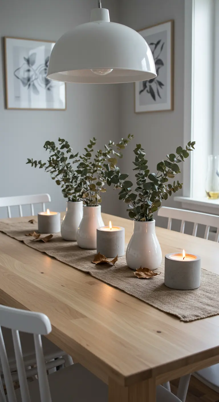 Mesa de madera clara con jarrones blancos con eucalipto y velas de cemento.