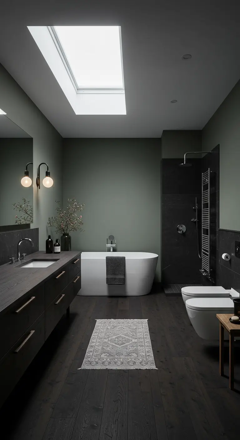 Baño minimalista con paredes verde-gris, suelo de madera oscura, bañera blanca y tragaluz.