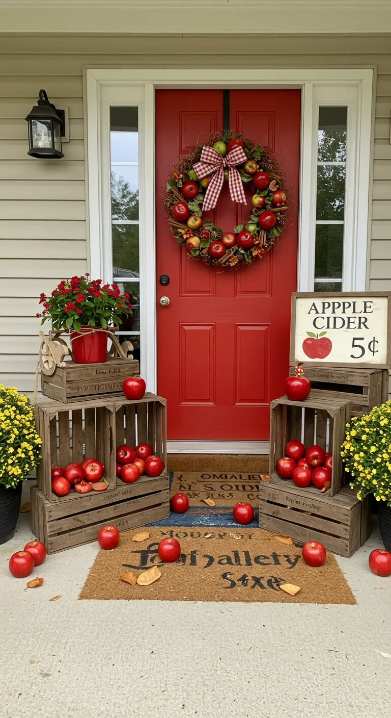 Porche con puerta roja decorado con temática de sidra de manzana, cajas de madera y corona de manzanas.