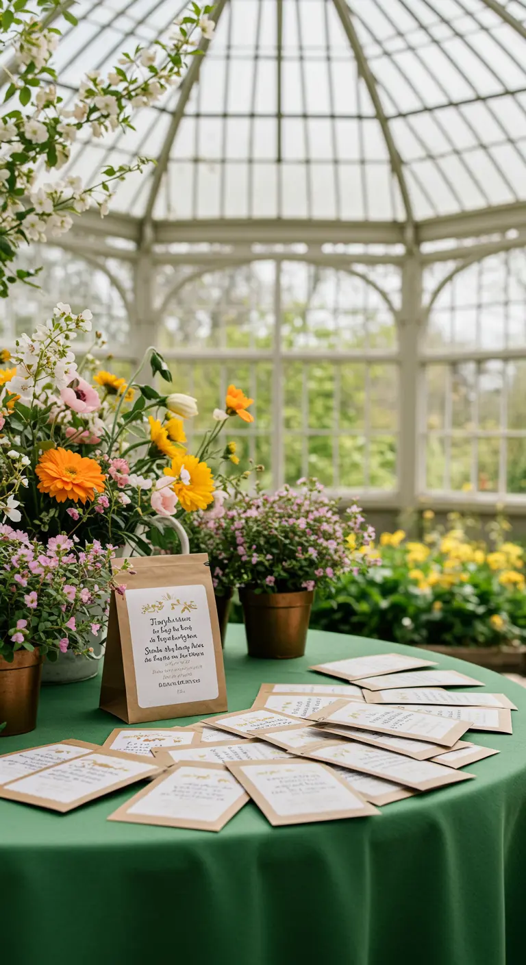 Paquetes de semillas de flores personalizados sobre una mesa verde.